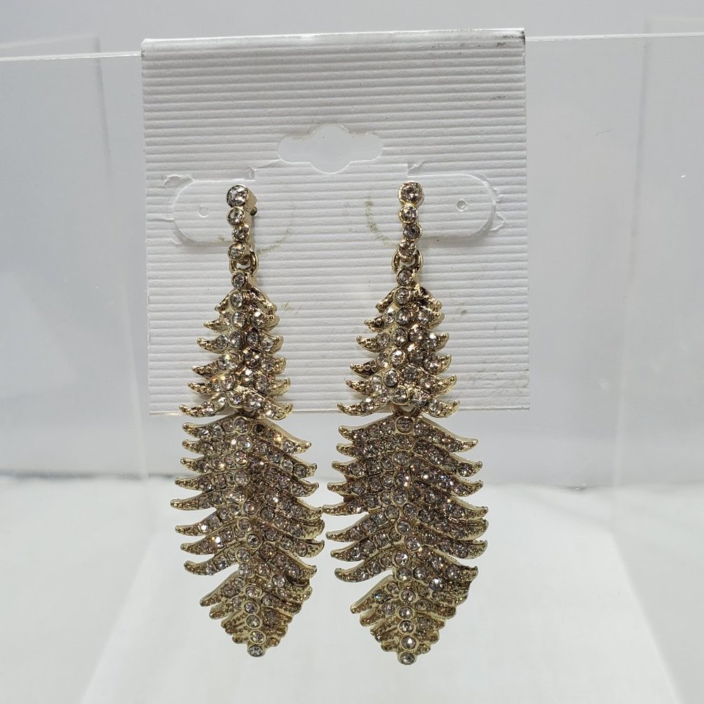 Bijou gold feathered leaf drop earring with rhinestones pierced earring